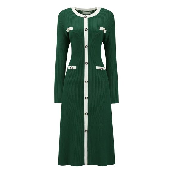 Hobemty Dresses & Skirts - Midi Knit Long Sleeve Sweater Dress Green